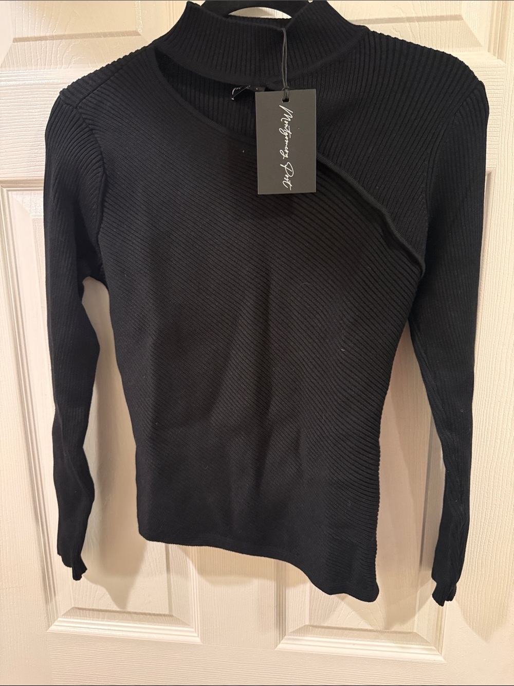 Men's Black Ribbed Asymmetrical Crewneck Sweater by